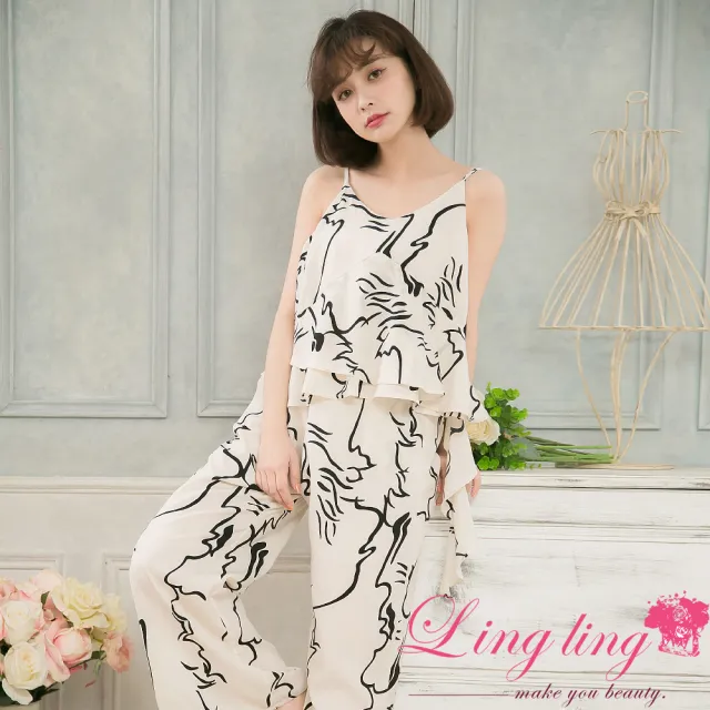【lingling】不規則印花細肩帶背心寬長褲雪紡套裝 女裝套裝(PA4112-印花米杏)
