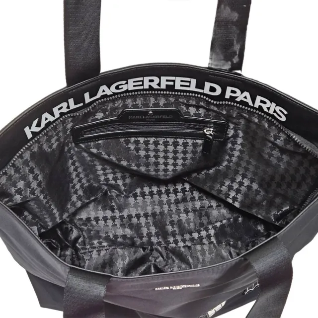 【KARL LAGERFELD 卡爾】KL 卡爾貓咪法國國旗印花帆布拉鍊購物包(黑色/七夕情人節)