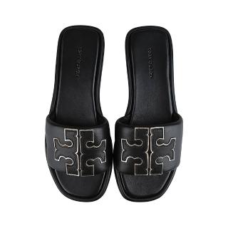 【TORY BURCH】TORY BURCH T字鏤空LOGO黑皮革拖鞋(黑)