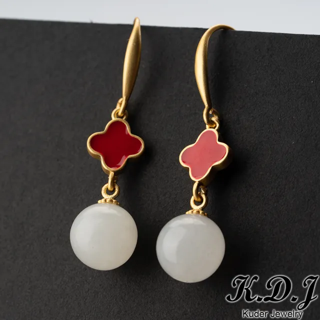 【K.D.J 圓融珠寶】天然和闐玉白玉幸運草耳勾款