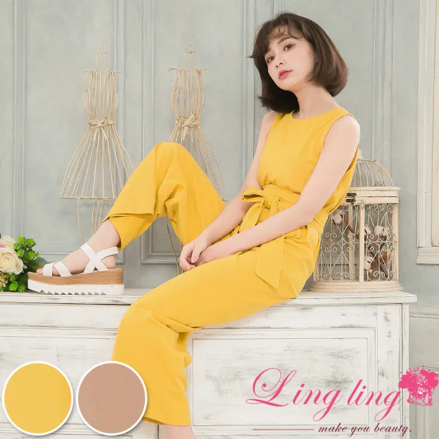 【lingling】純色無袖綁帶連身寬褲裝 女裝連身褲裝(PA4113-共2色)