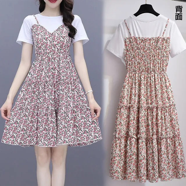 【K.W.】快速出貨春季新品法式初戀假兩件短袖碎花氣質仙女蛋糕裙洋裝(韓國洋裝  中大尺碼)
