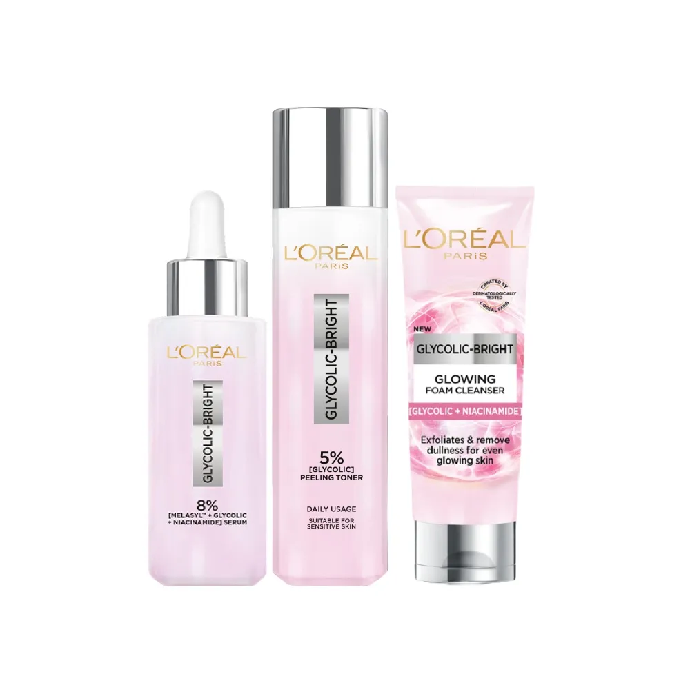 【LOREAL Paris 巴黎萊雅】亮白全套組_淨亮白激光精華水128ml+淡斑精華30ml+激光潔面乳100ml