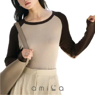 【amica】撞色拉格蘭長袖打底衫(拚色 保暖衣 打底衣 內搭衣 拉格蘭袖 美麗諾羊毛 拉克蘭長袖)