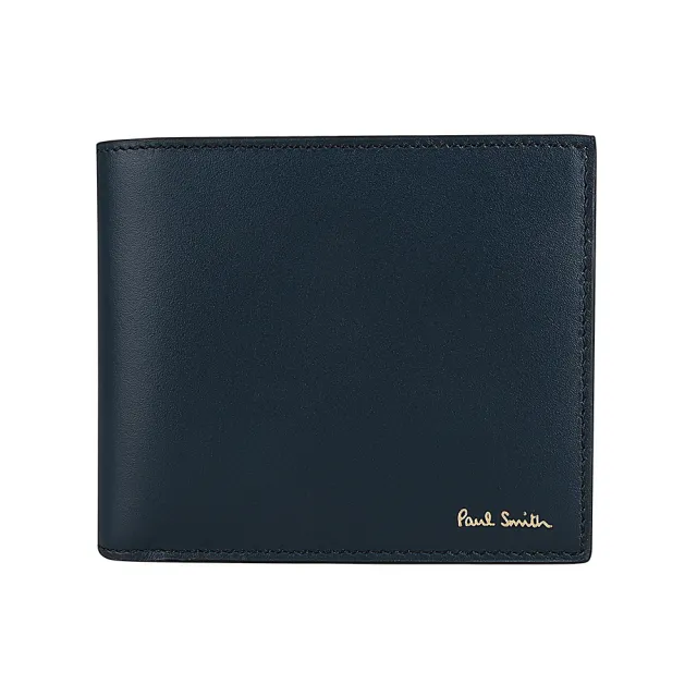【Paul Smith】PAUL SMITH 燙金LOGO牛皮搭配羊皮8卡短夾(深藍x經典條紋)