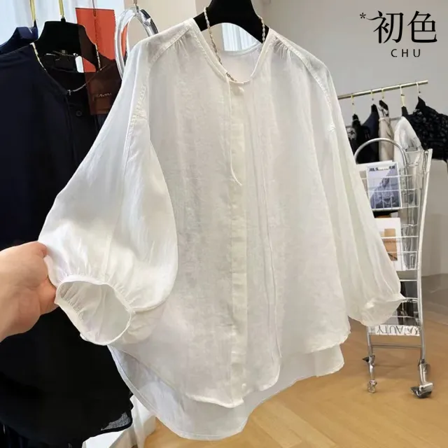 【初色】純色寬鬆防曬薄款圓領長袖襯衫上衣女上衣-共2色-15137(M-2XL可選)