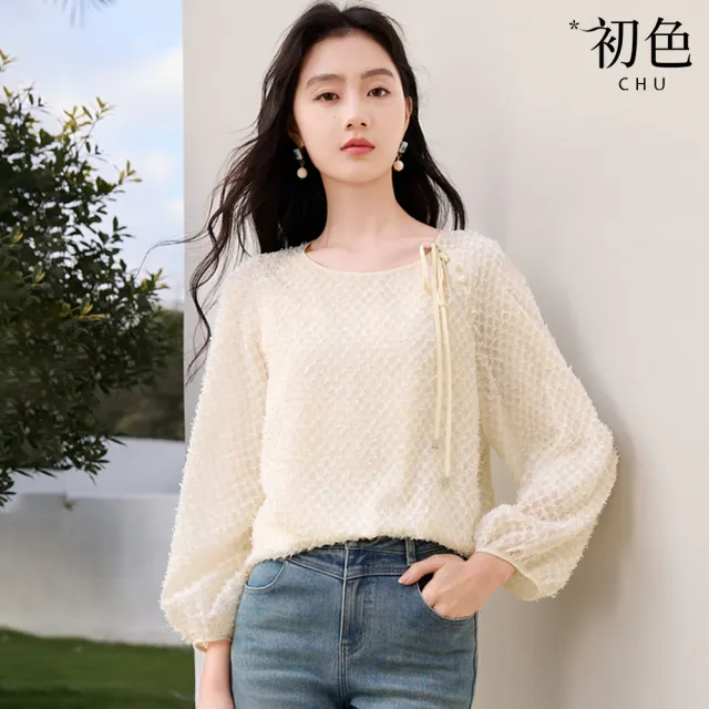 【初色】日系優雅羽毛流蘇寬鬆系帶圓領長袖雪紡衫上衣女上衣-杏色-15248(M-2XL可選)