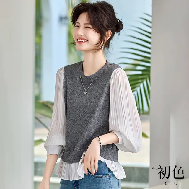 【初色】通勤風假兩件拼接褶皺裝飾圓領長袖雪紡衫上衣女上衣-灰白色-15254(M-2XL可選)