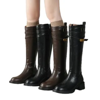 【JP Queen New York】長腿美人鎖扣全牛皮圓頭高筒靴(2色可選)