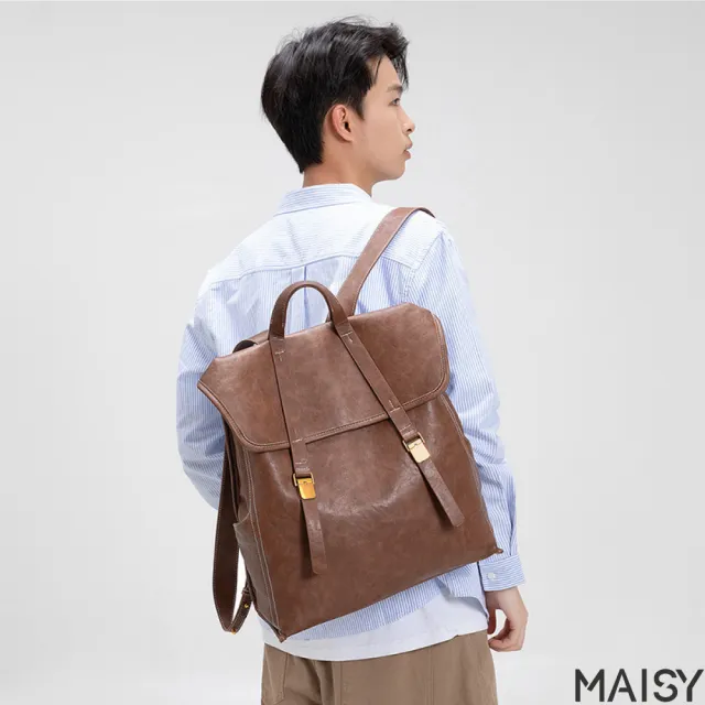 【MAISY】男女款雙材質可選大容量休閒包 後背包 雙肩包(棕色／綠色／黑色/卡其色)
