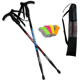 【Yenzch】樂齡登山健走杖/三節式 6011鋁合金/T柄 RM-10622(二色可選 2入《贈送背袋+竹炭襪》台灣製)