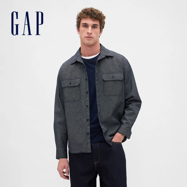 【GAP】男裝 純棉翻領長袖牛仔襯衫-藍色條紋(804798)