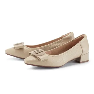 【MAGY】壓紋牛皮寬版蝴蝶結尖頭粗低跟鞋(杏色)