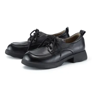 【MAGY】牛皮綁帶圓頭厚底牛津鞋(黑色)