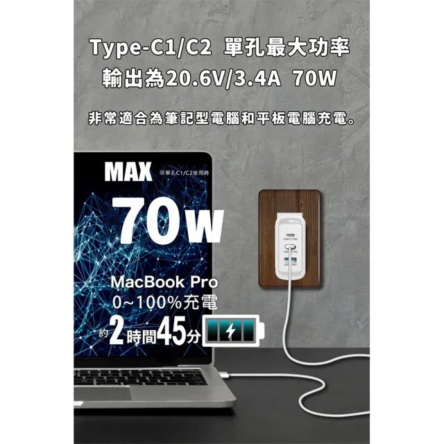 【UKKO】GaN 70W 氮化鎵智能溫控急速充電器(GaN USB-C/USB 2C1A PD快充)
