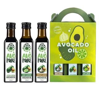 紐西蘭AVOPURE-100%特級初榨冷壓酪梨油-原味x1瓶+萊姆風味x1瓶+大蒜風味x1瓶(250ml/瓶x3瓶-禮盒組)