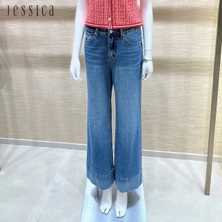 【JESSICA】復古休閒風寬折邊闊腿牛仔褲252207