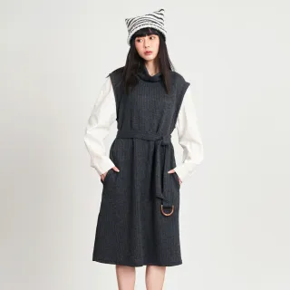 【betty’s 貝蒂思】出清品  假兩件高領腰帶針織洋裝(灰色)