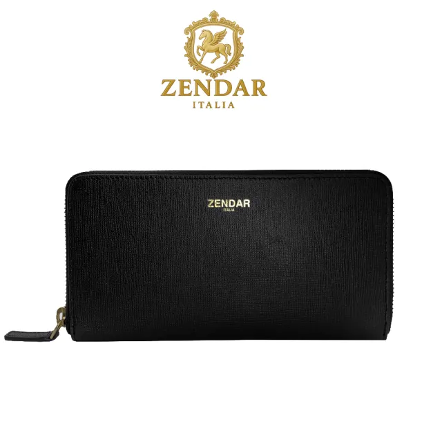 【ZENDAR】頂級小牛皮十字紋拉鍊長夾 卡門系列(黑色)