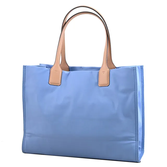 【TORY BURCH】圓標雙T LOGO撞色尼龍皮邊飾托特包(藍)