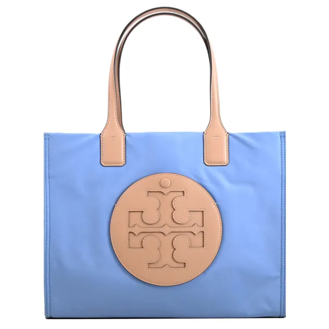 【TORY BURCH】圓標雙T LOGO撞色尼龍皮邊飾托特包(藍)