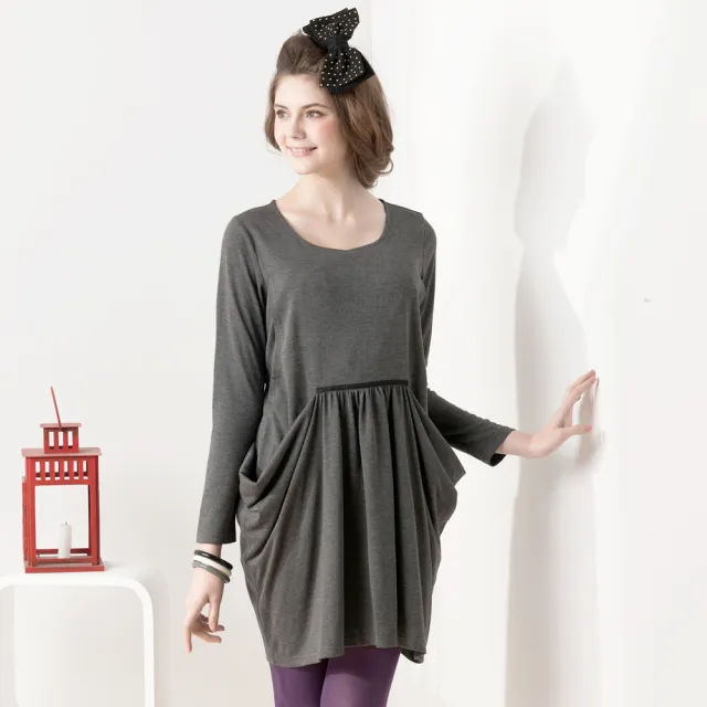 【Gennies 奇妮】垂墜感哺乳洋裝-灰/黑(哺乳衣 長袖哺乳衣 雙口袋 側開哺乳)