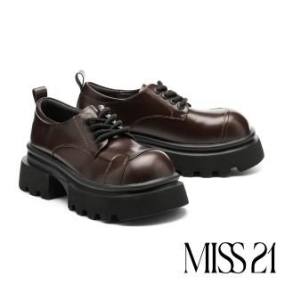 【MISS 21】個性復古純色拼接亮感綁帶大頭厚底鞋(咖)