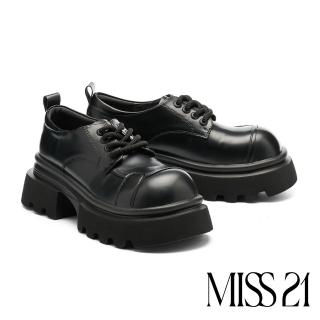 【MISS 21】個性復古純色拼接亮感綁帶大頭厚底鞋(黑)