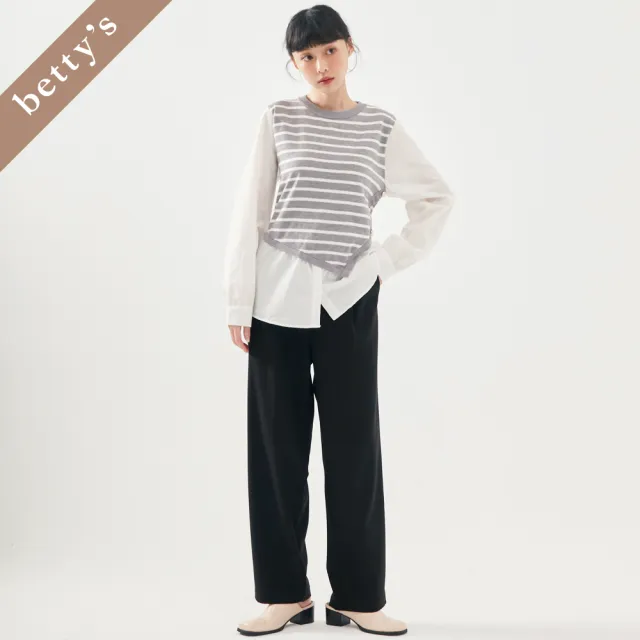 【betty’s 貝蒂思】出清品  假兩件不對稱條紋拼接上衣(灰色)