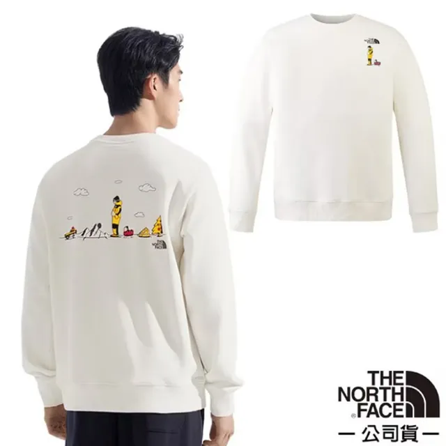 【The North Face】男女款 趣味印花長袖大學T.圓領T恤.運動休閒上衣(8HNF-QLI 沙丘白)