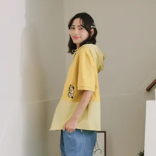 【Dailo】胖鳥刺繡異材質拼接連帽短袖上衣(藍 灰 黃)