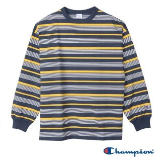 【Champion】官方直營-男款-CASUAL 寬版條紋素面長袖TEE-深藍/黃條紋(C3-C405-370日規)