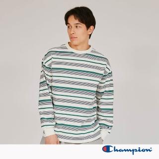【Champion】官方直營-男款-CASUAL 寬版條紋素面長袖TEE-淺米/綠條紋(C3-C405-815-日規)