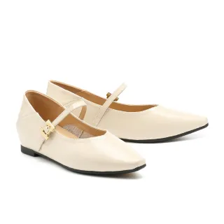 【AS 集團】優雅氣質H釦繫帶全真皮瑪莉珍內增高尖頭平底鞋(米)
