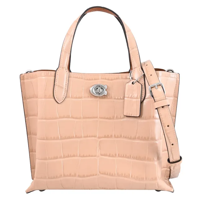 【COACH】WILLOW 24 經典金屬C字鈕釦鱷魚紋皮革手提兩用包(駝色)