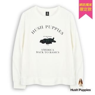 【Hush Puppies】女裝 T恤 素色簡約格紋趴趴狗長袖T恤(白色 / 54211902)