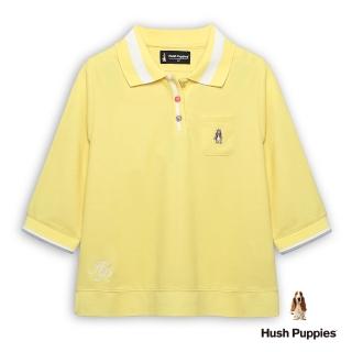 【Hush Puppies】女裝 POLO衫 配色領刺繡小狗七分袖POLO衫(淺黃 / 54201105)