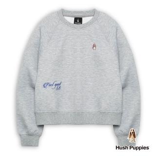 【Hush Puppies】女裝 上衣 簡約配色造型英文刺繡小狗短版長袖上衣(麻灰 / 54210201)