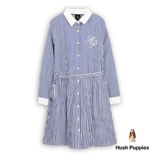 【Hush Puppies】女裝 洋裝 簡約HP拼接直條紋腰綁帶襯衫領洋裝(藍/白條紋 / 54215104)