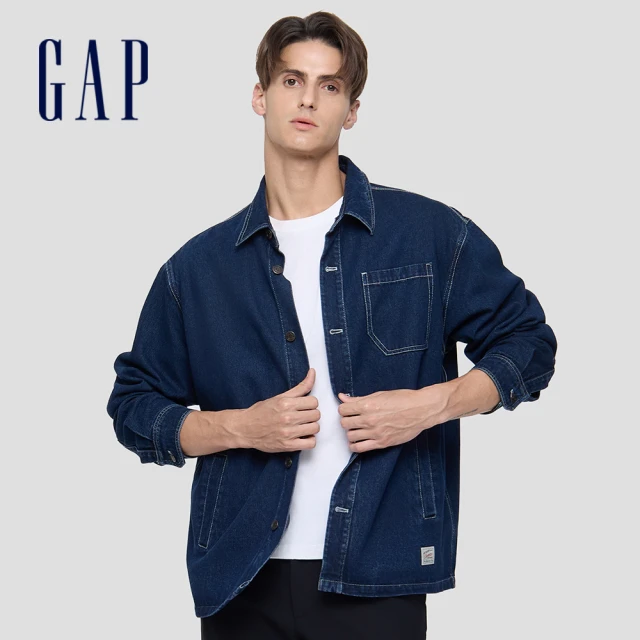 【GAP】男裝 翻領牛仔外套-深色水洗(791855)