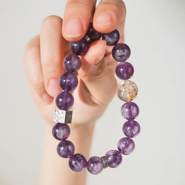 【天天水晶 TINGTING】黑金超七 紫幽靈 12mm 設計款水晶手鍊(全方位招財A120013)