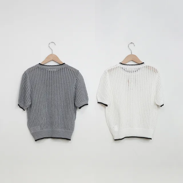 【MOSS CLUB】夏季撞色飾邊鏤空洞洞短袖針織上衣(杏 灰/魅力商品)