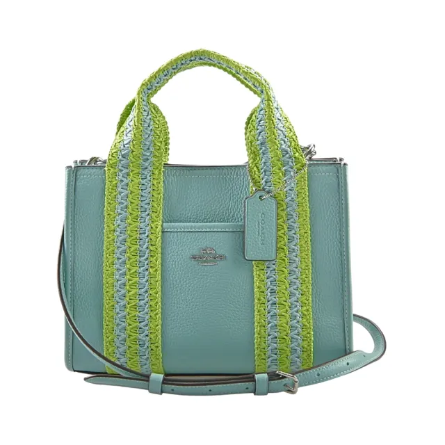 【COACH】荔枝紋手提/斜背立體方包(草編風織帶綠松石色/小款)
