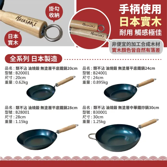 【日本 HAYASAKI早崎】日本製 無塗層 中華鐵炒鍋 30cm(IH爐可用鍋/不沾平底鐵鍋/鐵炒鍋/日本鐵鍋/不沾鍋)