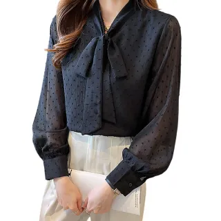 【CHACO】/現貨/女春秋 黑色OL蝴蝶結領顆粒雪紡長袖襯衫上衣#0928(雪紡 上衣 襯衫 長袖 女 OL)