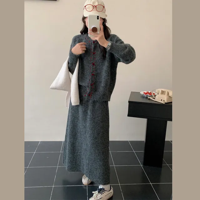 【Pure 衣櫃】復古毛衣開襟衫半身裙套裝兩件套裝(半身裙套裝/KDAQ-081)