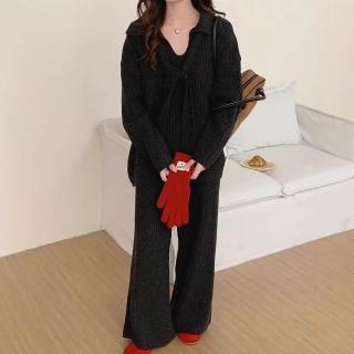 【Pure 衣櫃】寬鬆慵懶針織上衣休閒長褲套裝(針織套裝/KDAQ-304)