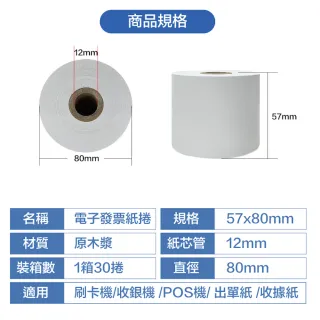 【CLEAN 克林】30捲裝 電子發票感熱紙捲 57x80x12mm(符合財政部規範 感熱紙 發票紙捲 發票紙 熱感紙)
