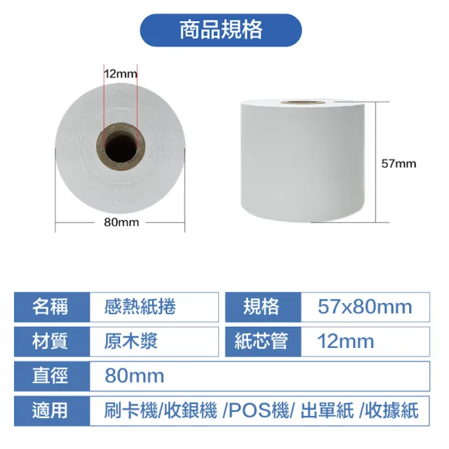 【CLEAN 克林】80捲裝 感熱紙捲 57×80x12mm(熱感紙 出餐單 號碼牌 停車票 收據 集點券 優惠券 熱感應紙)