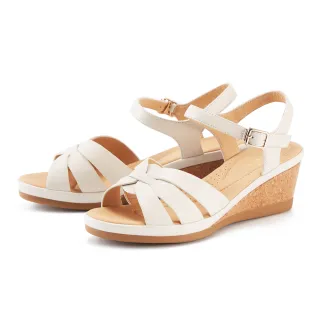 【MAGY】真皮壓紋拼接編織楔型涼鞋(米色)